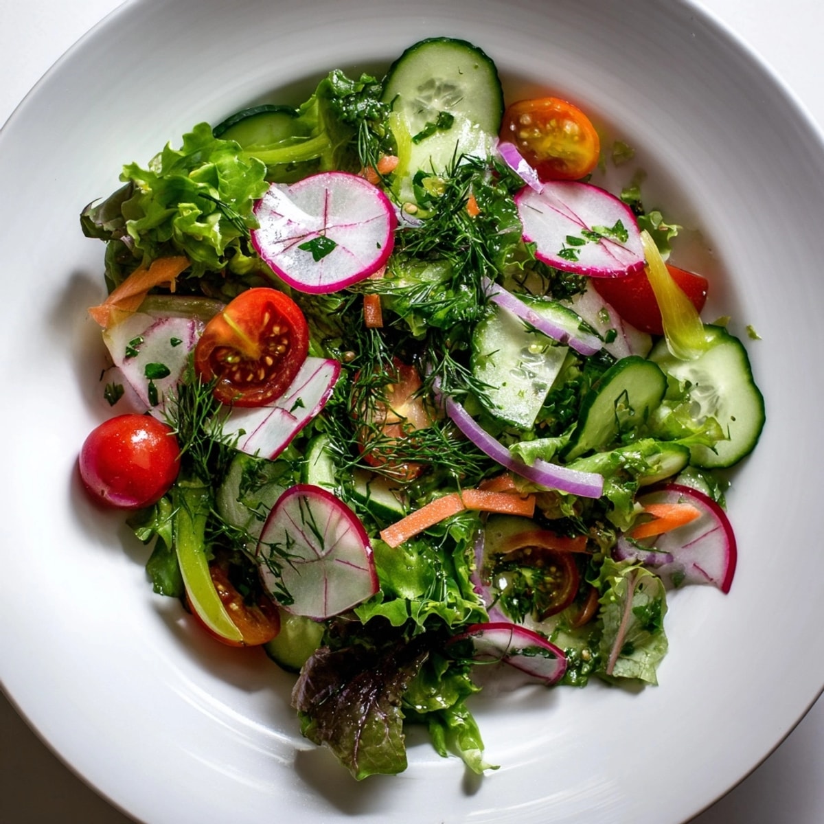 Crisp Fresh Garden Salad with Pickle Vinaigrette, a vibrant explosion of summery colors.