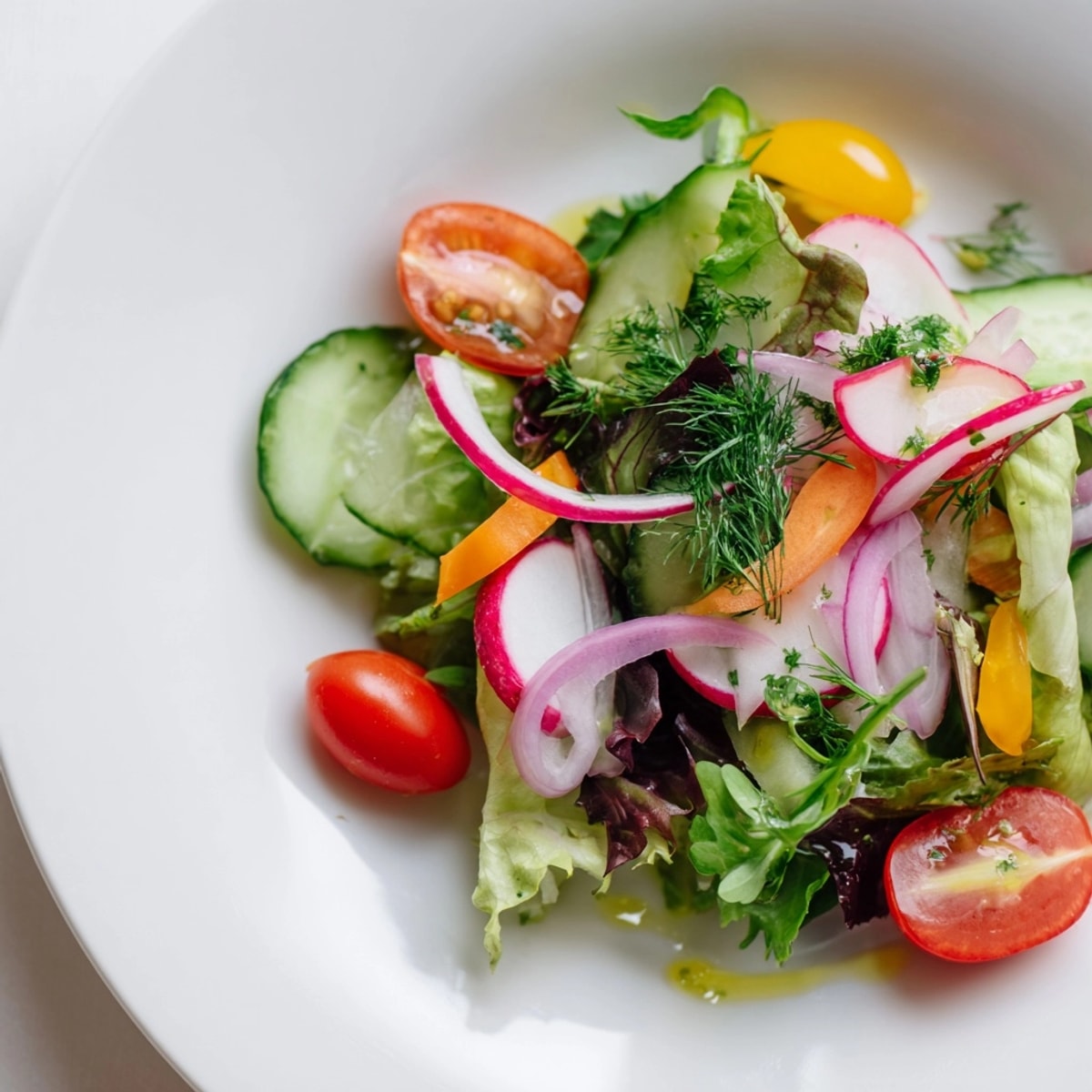 Bright Fresh Garden Salad with Pickle Vinaigrette: a zesty, refreshing, healthy side.