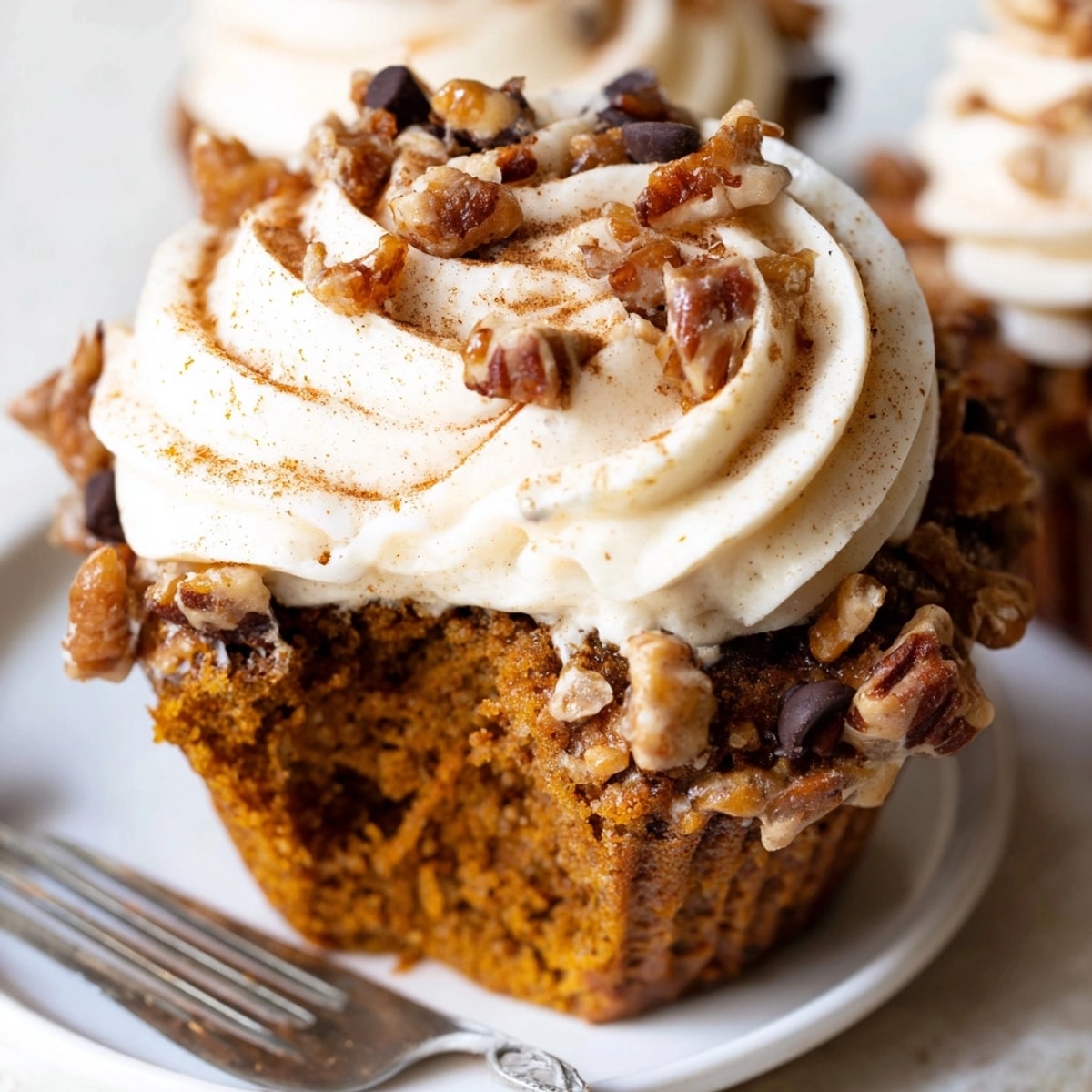 Overhead shot of colorful pumpkin spice disaster cupcakes bursting with chocolate chips.