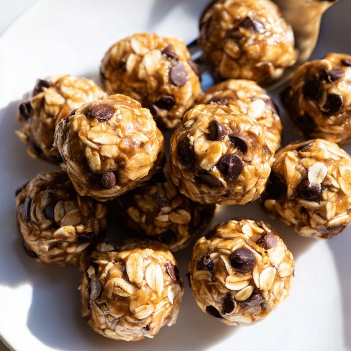 No-bake energy bites glistens with honey and peanut butter, ready for snacking.