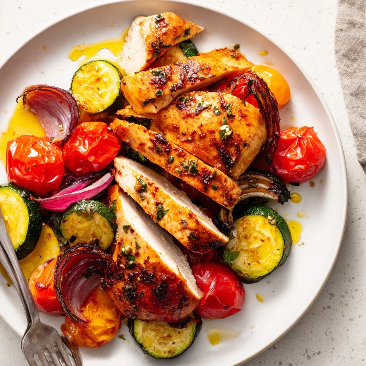Juicy Sheet Pan Chicken & Veggies sizzling fresh from the oven, ready to serve.