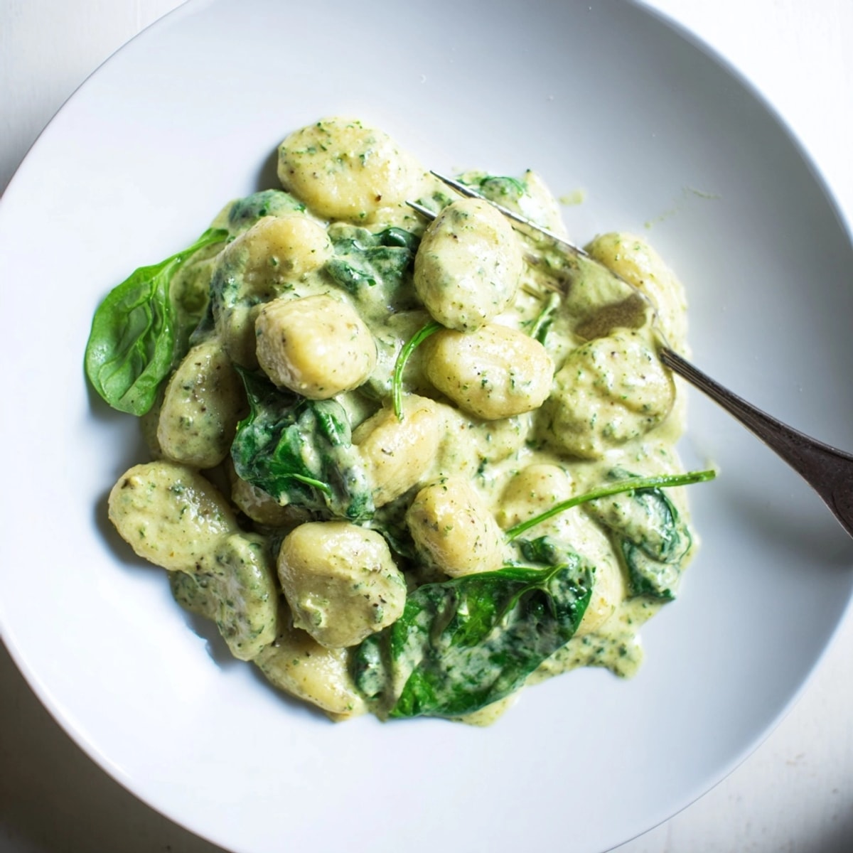 Homemade Creamy Pesto Gnocchi recipe with vibrant green pesto and tender spinach leaves.