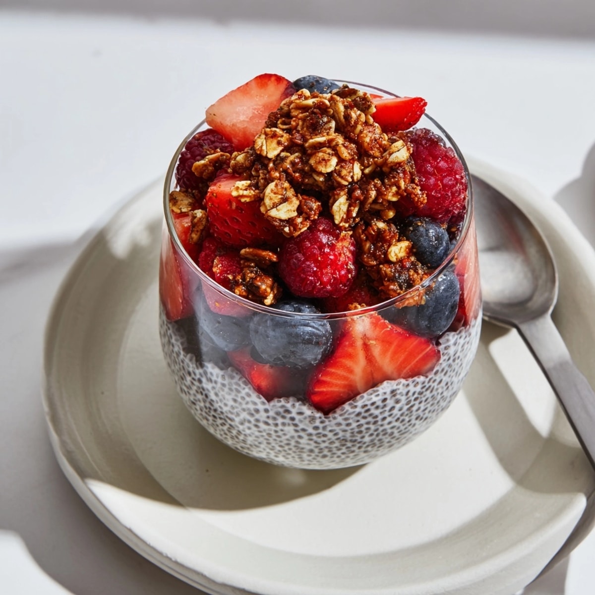 Creamy chia seed berry parfait: layers of sweet berries & crunchy granola topping.