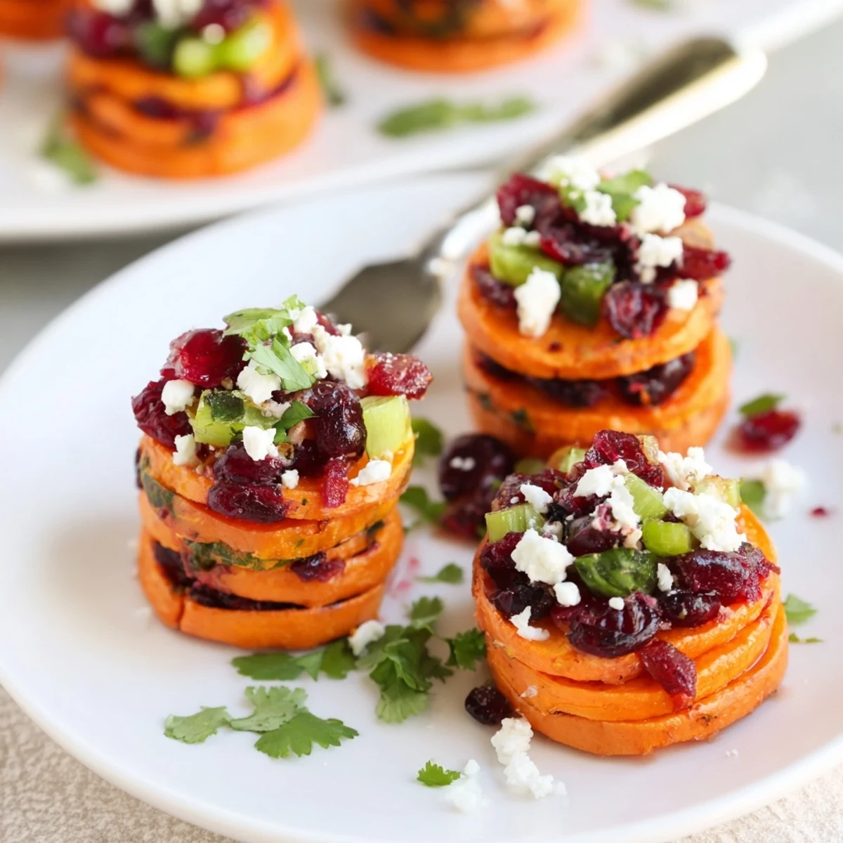 Vibrant cranberry jalapeño dip atop creamy sweet potato stacks, perfect for gatherings.