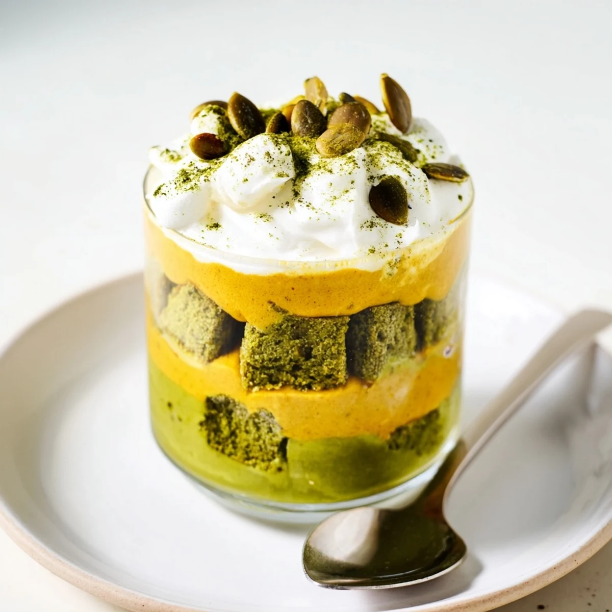 Colorful Matcha Pumpkin Muffin Trifles featuring moist muffins and spiced pumpkin cream.  
