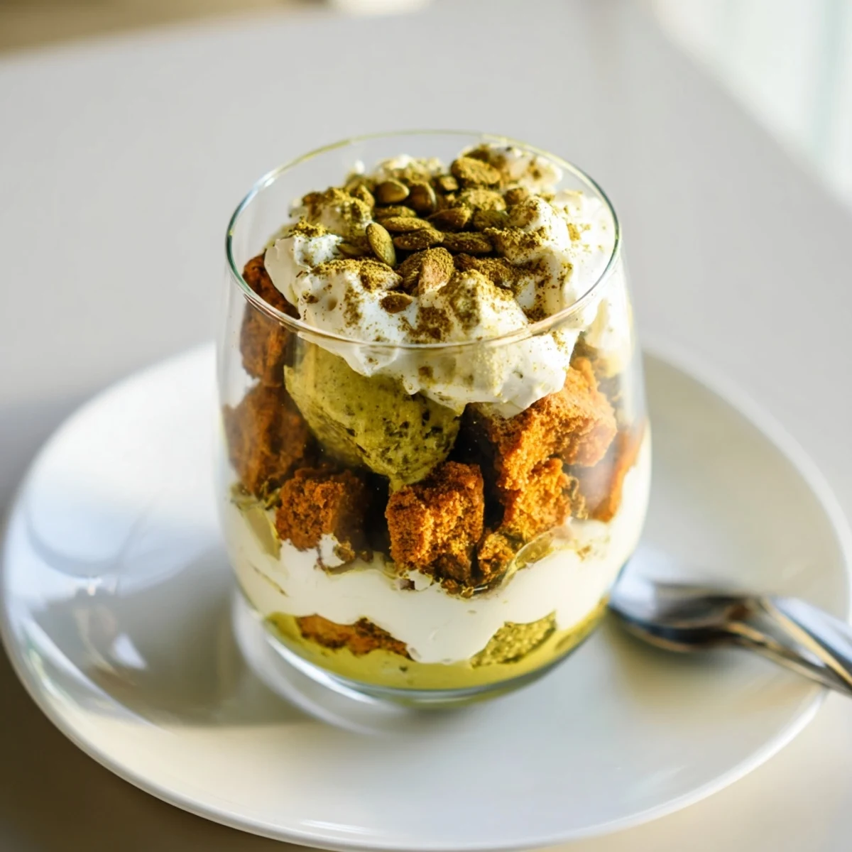 Decadent Matcha Pumpkin Muffin Trifles garnished with pumpkin seeds and matcha dusting.