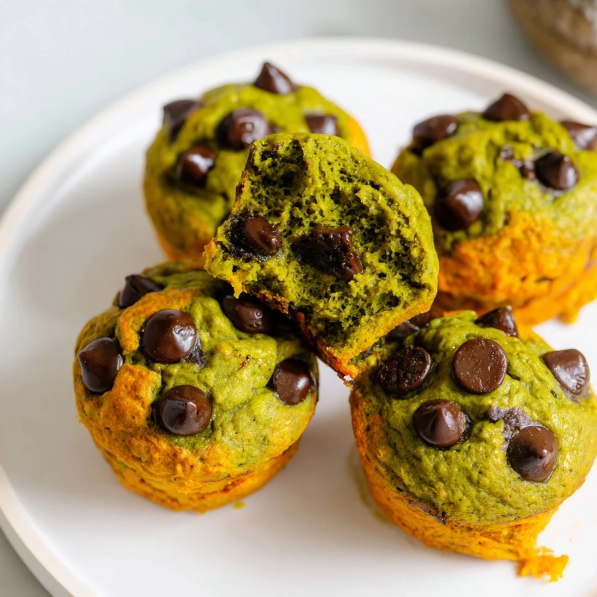 Deliciously vibrant Matcha Pumpkin Chocolate Muffin Bites ideal for a cozy dessert treat.  