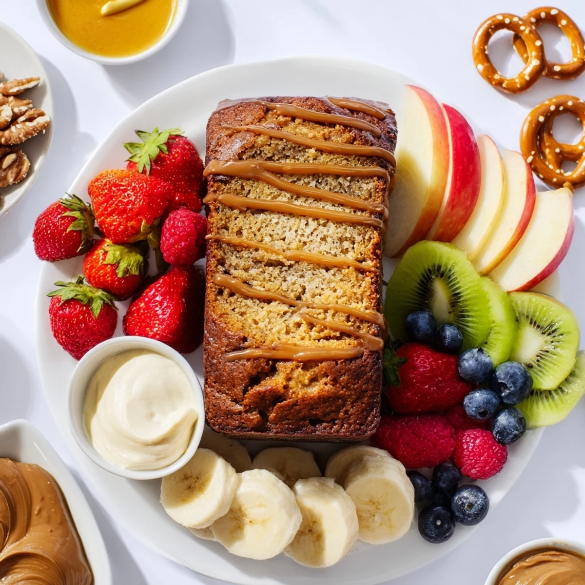 Indulgent caramel banana bread charcuterie board with fresh fruits and creamy dips.