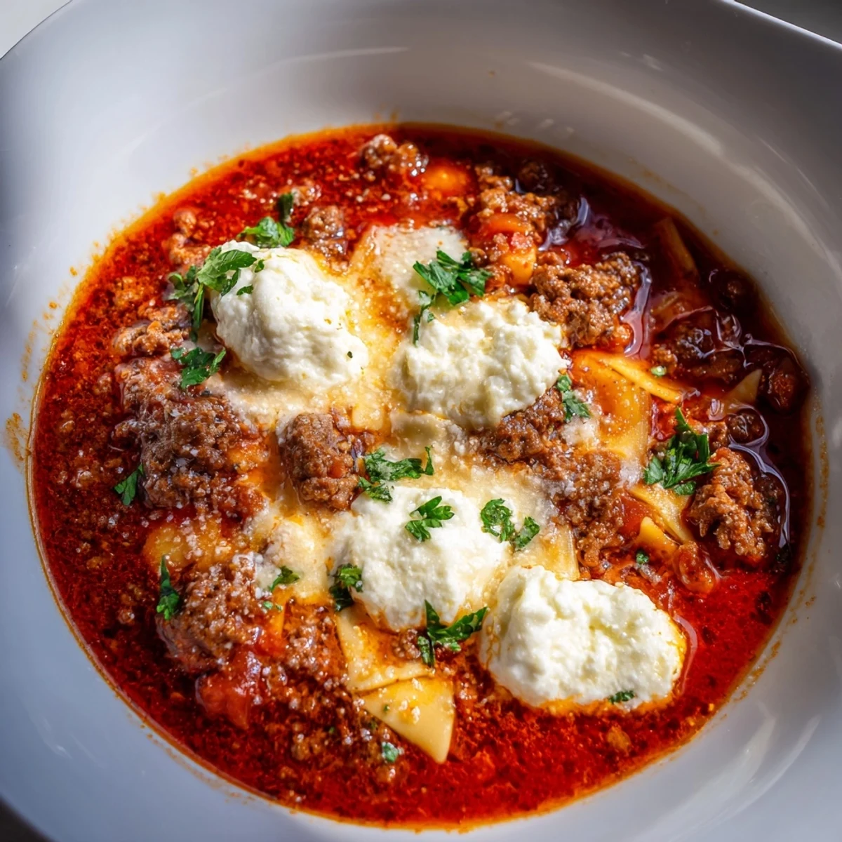 Hearty lasagne soup with a spicy jalapeño twist, topped with melted cheese.  