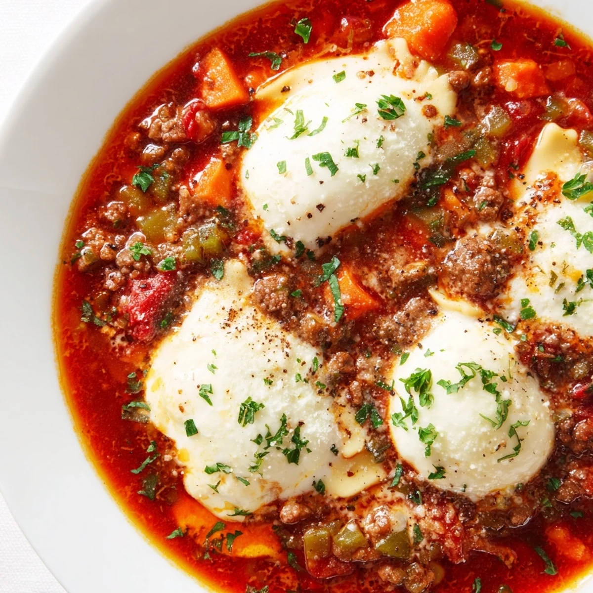 Bowl of comforting lasagne soup, featuring rich flavors and jalapeño heat.  