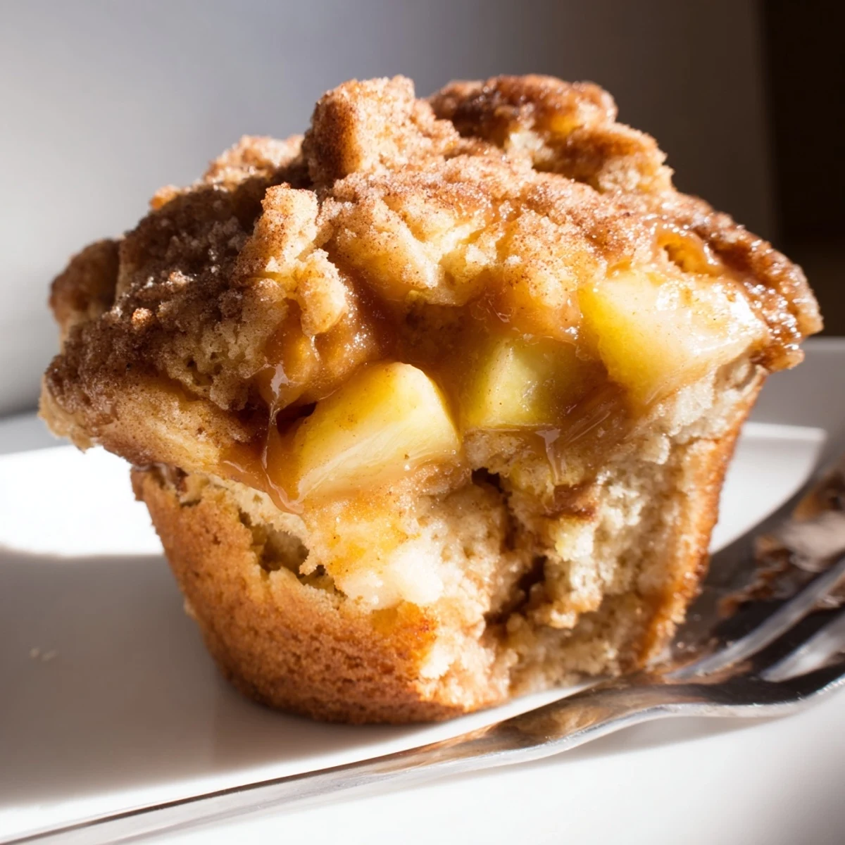 Tender Caramel Apple Cinnamon Sweet Tea Muffins topped with fragrant cinnamon sugar for breakfast.  