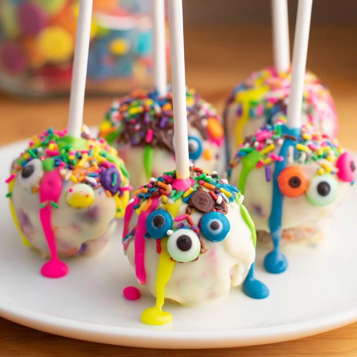 Fluffy cream soda monster pancake pops, decorated with colorful sprinkles and candy eyes.  