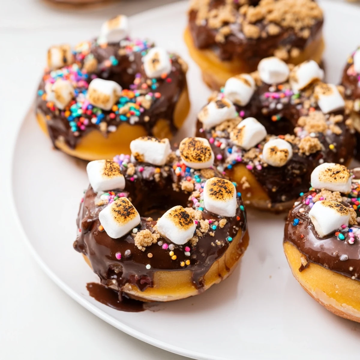 Delicious Smores Birthday Cake Biscuit Donuts topped with toasted marshmallows and chocolate.  