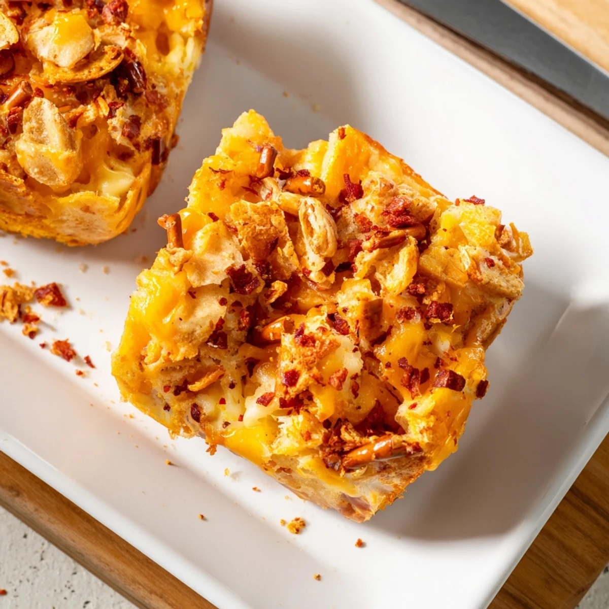 Fiery Flamin Hot Spicy Pretzel Muffin Bars topped with crunchy cheesy goodness, perfect for parties.  