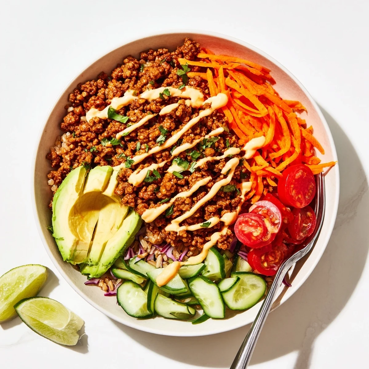 Colorful plant-based meat bowl topped with fresh veggies and lime wedges.  