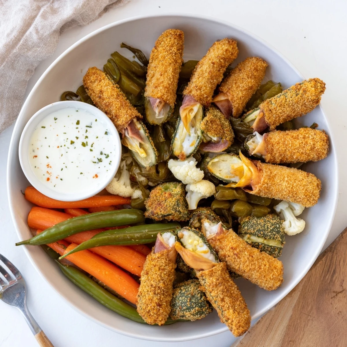 Crispy fried pickles served with vibrant pickled veggies for pickle lovers' meal.  