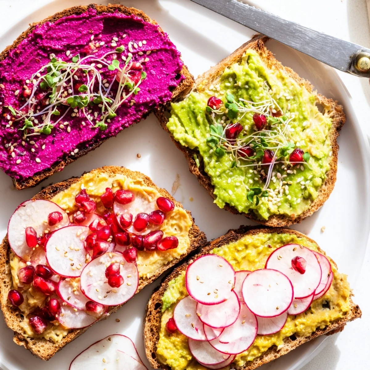 Bright & Bold Breakfast Toasts topped with ube, avocado, and vibrant garnishes.  