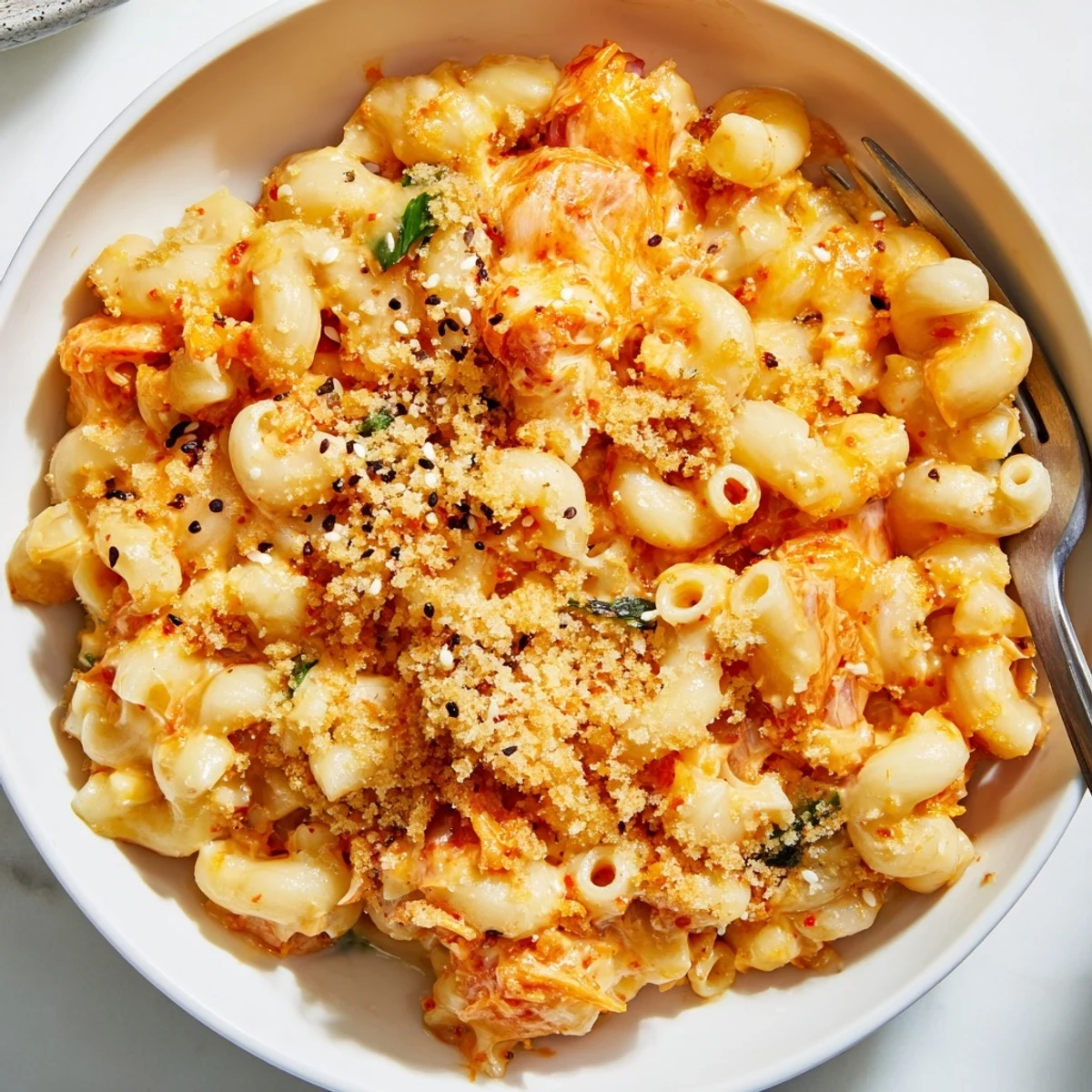 Creamy Spicy Kimchi Mac & Cheese topped with crunchy sesame for a bold dish.  