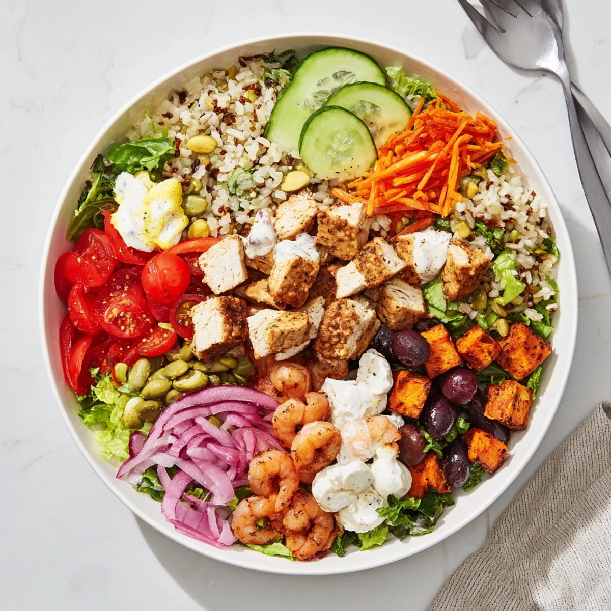 Colorful customizable meal spread featuring grilled chicken, shrimp, tofu, and fresh vegetables.  