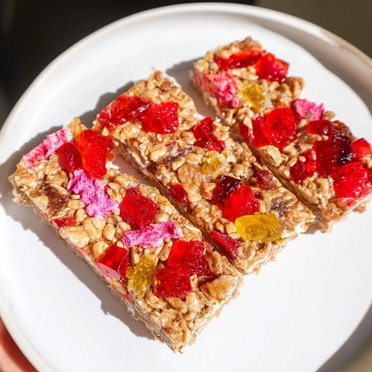 Colorful DIY Snack Bars topped with homemade gummies and freeze-dried treats.  