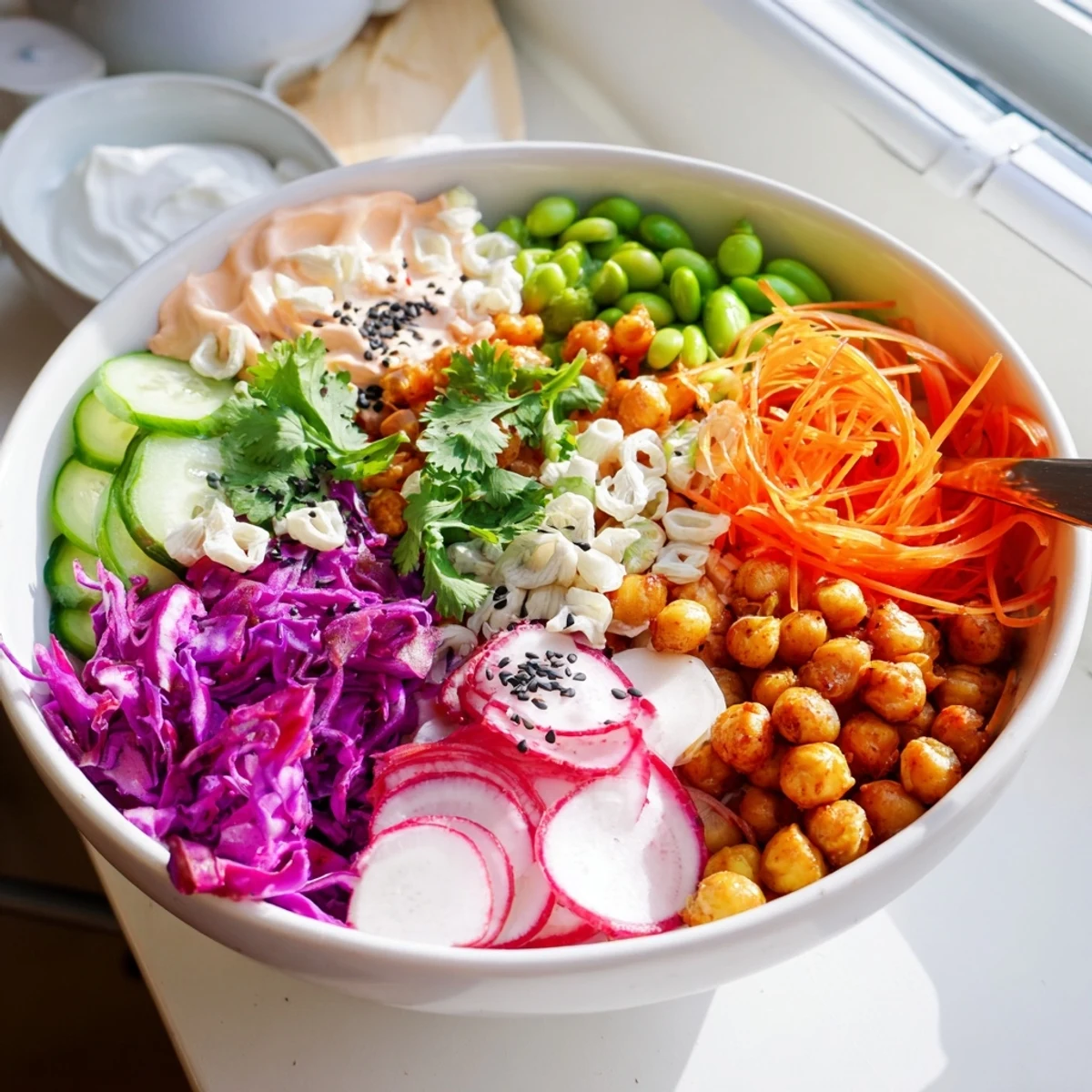 Vibrant ASMR Crunch Snack Bowls filled with colorful veggies and crunchy textures.  