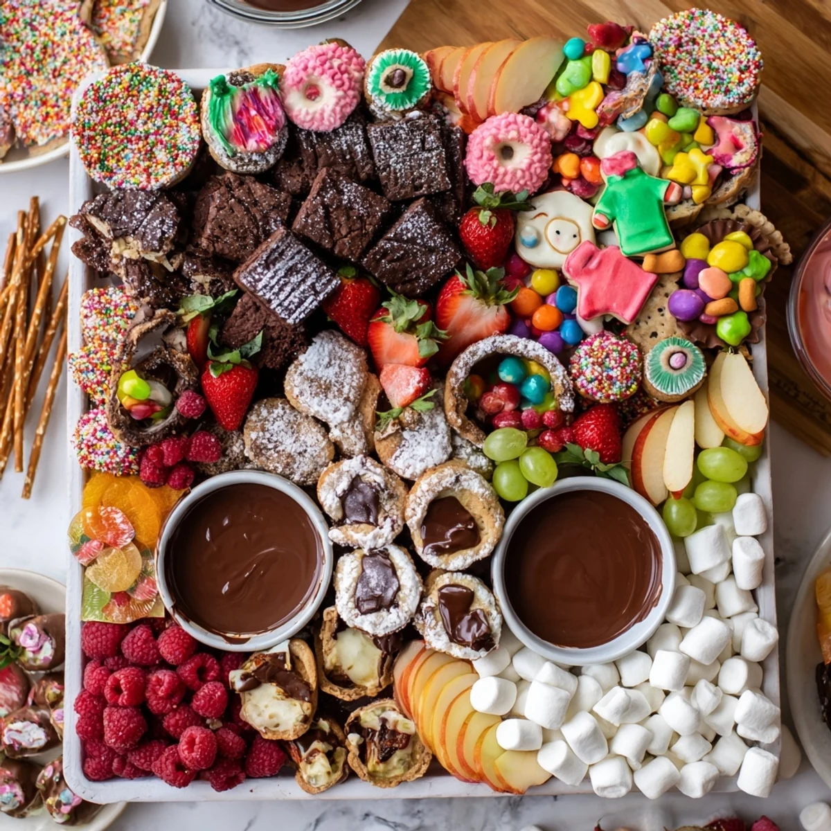 A colorful dessert board with themed snacks, perfect for festive gatherings.  