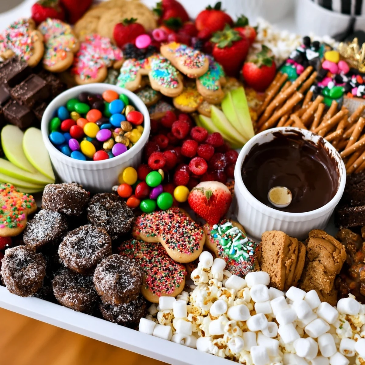 Festive dessert board featuring sugar cookies, chocolates, and vibrant seasonal fruits.
