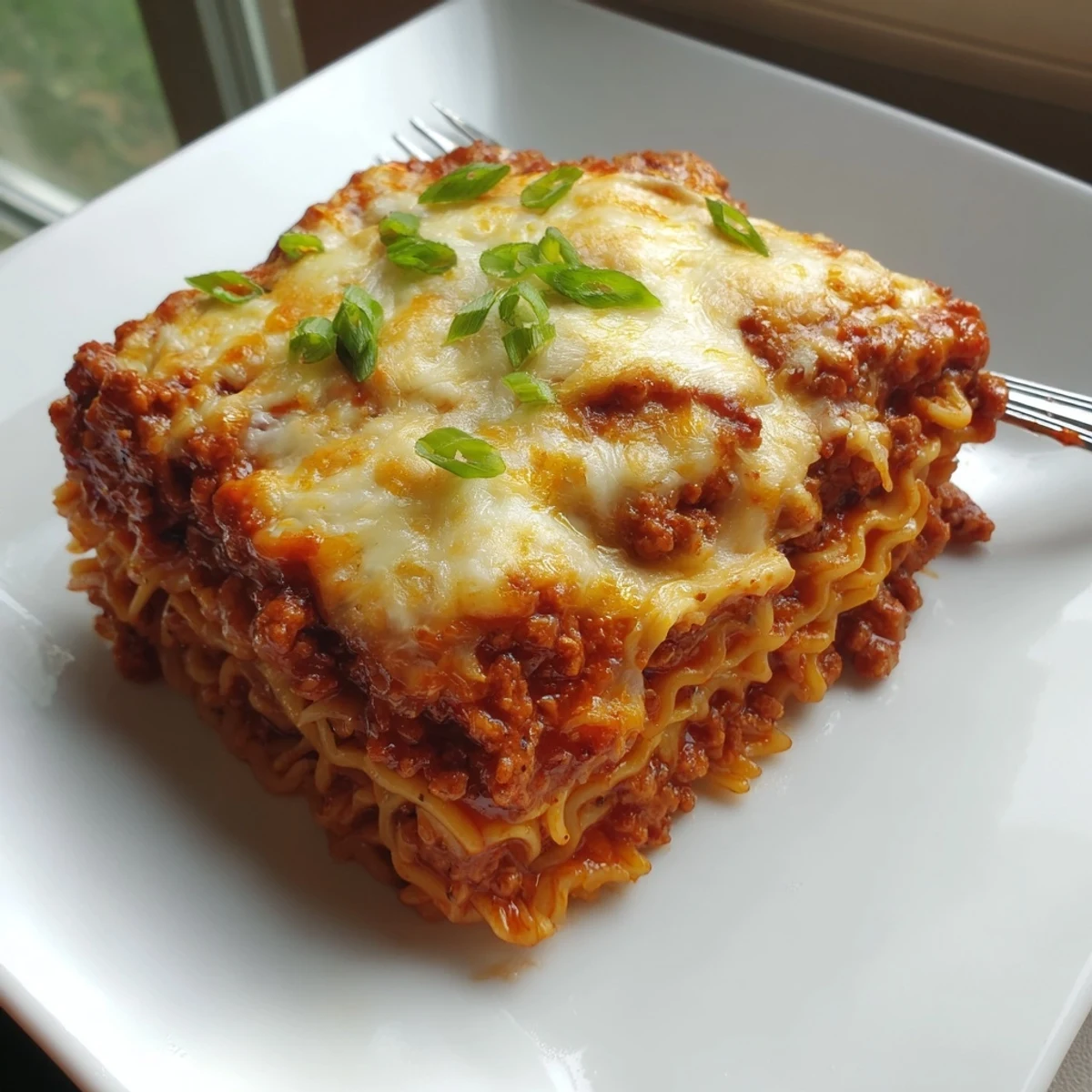 Layers of spicy ramen lasagna with melted cheese and rich meat sauce, fresh out of the oven.  