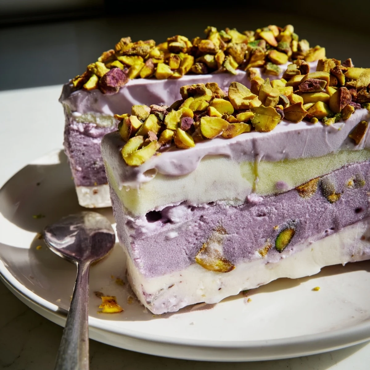 Creamy Ube & Pistachio Ice Cream Bars topped with chopped pistachios and sweet drizzle.  