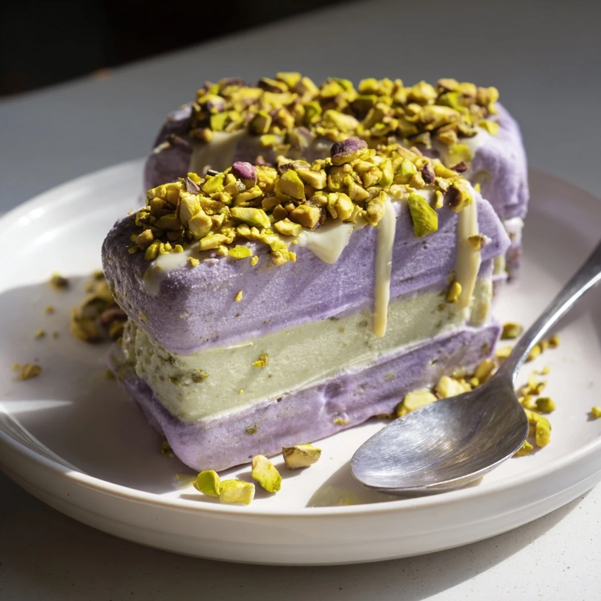 Refreshing Ube & Pistachio Ice Cream Bars with rich flavors and inviting textures.