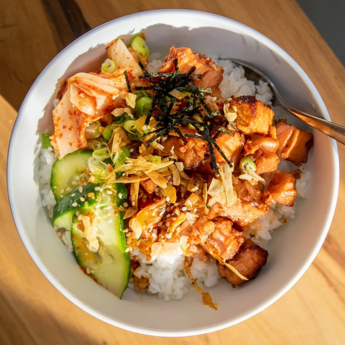 Crispy Salmon Rice Bowl topped with creamy spicy mayo and vibrant kimchi layers.  