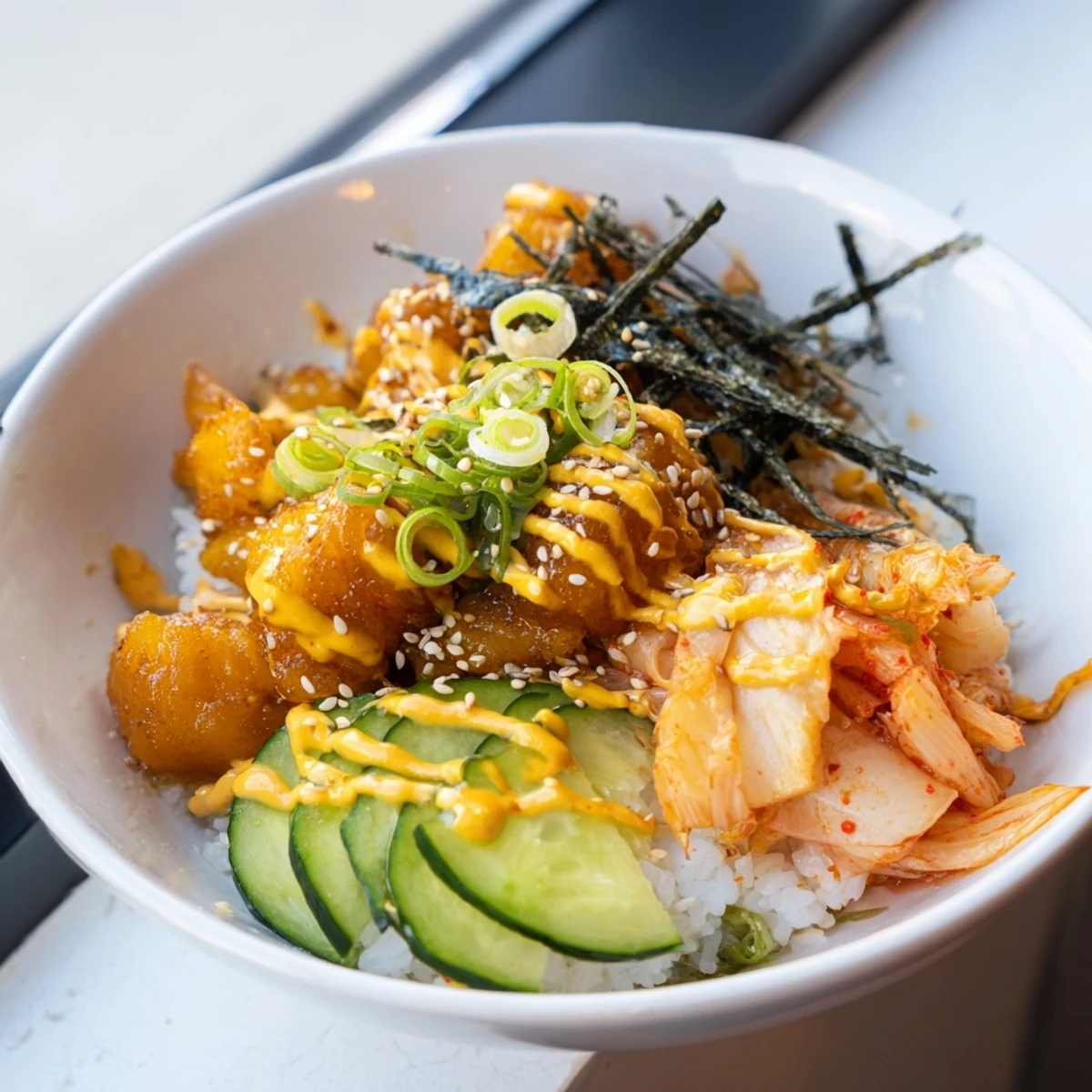 Enjoy a savory crispy salmon rice bowl layered with fluffy rice and bright flavors.