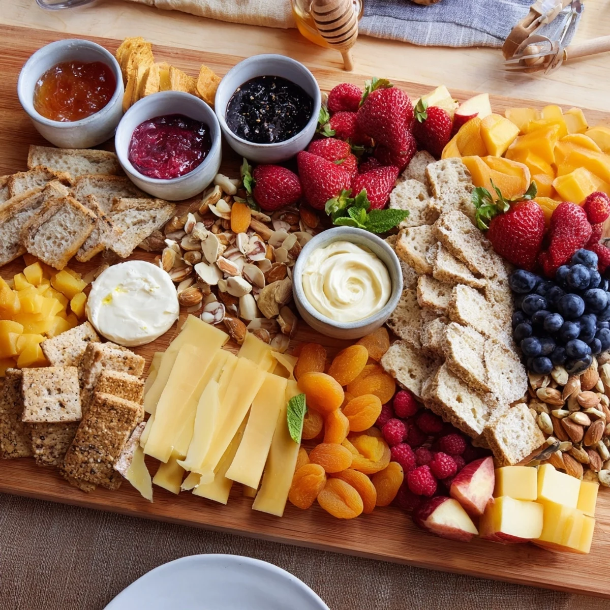 A vibrant jam-infused brunch board filled with fresh fruits and cheeses.  