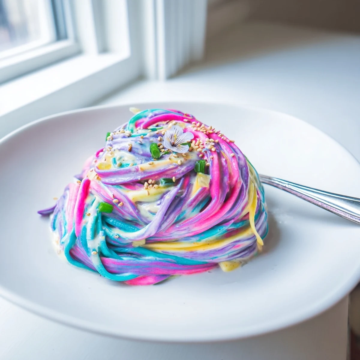 Vibrant Neon Noodle Cloud dish with colorful noodles and creamy sauce, delightfully whimsical.  