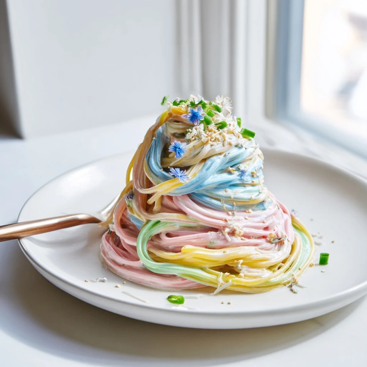 Colorful Neon Noodle Cloud topped with scallions and sesame seeds, perfect for parties.