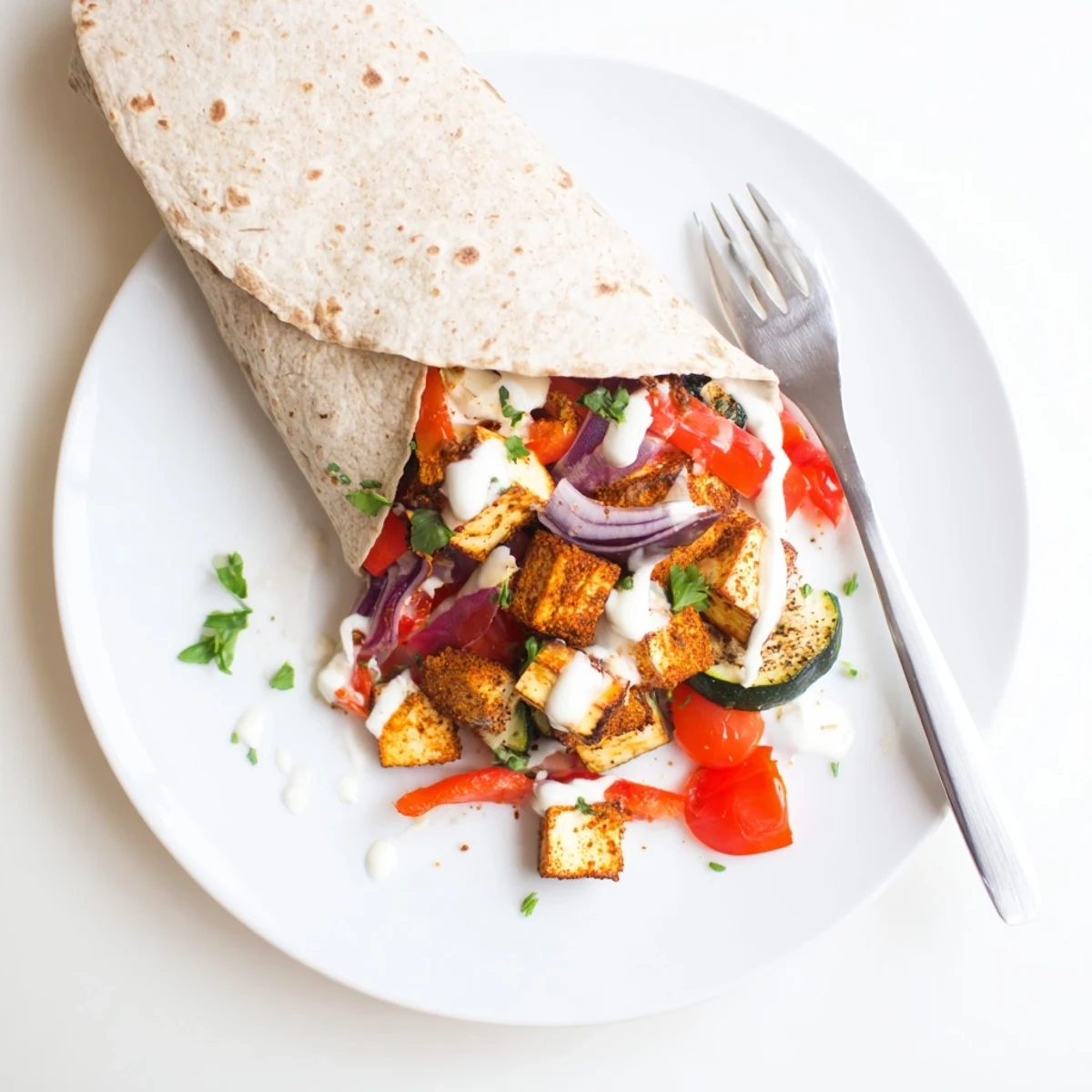 Roasted tofu and vegetables in a whole wheat wrap, flavorful vegan recipe delight.  