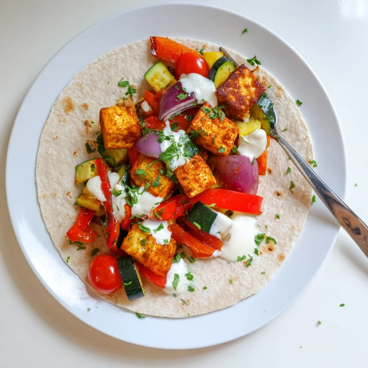 Plant-based yogurt sauce drizzled over vibrant tofu and roasted veggies, vegan goodness.  