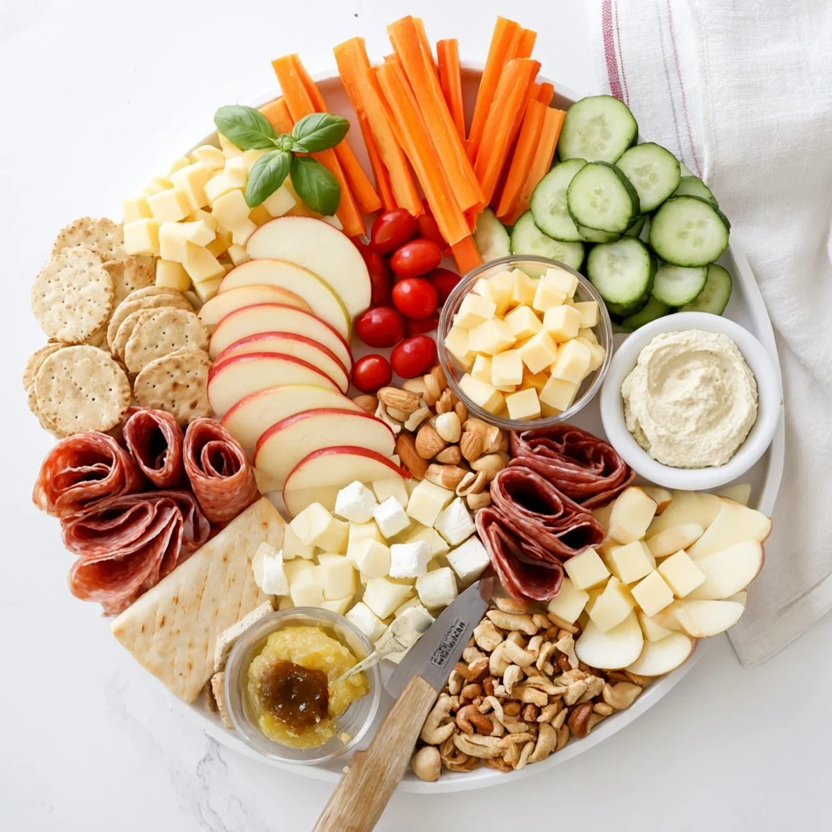 A colorful Girl Dinner Platter showcasing cheeses, fruits, and vibrantly arranged snacks.  