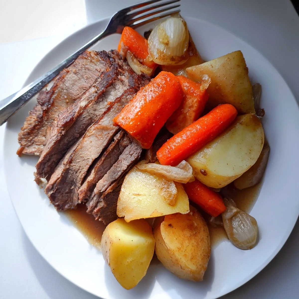 Hearty Sunday Pot Roast simmering with vegetables, ideal for a comforting weekend dinner.