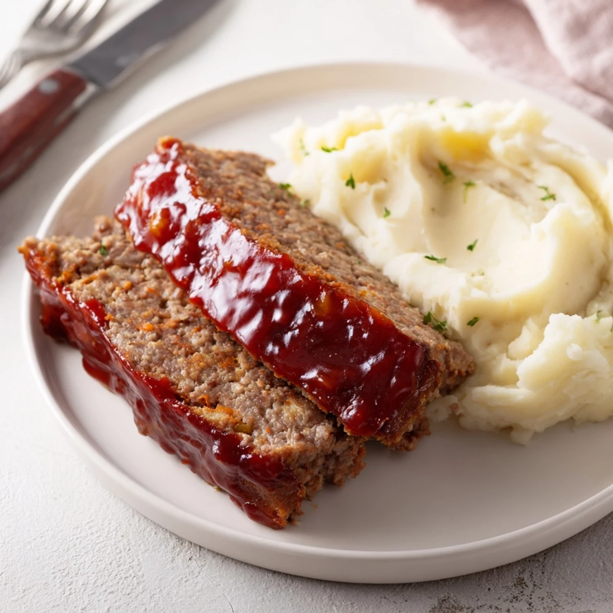 Classic Meatloaf & Mashed Potatoes plated with rich gravy, offering comforting home-cooked flavors.