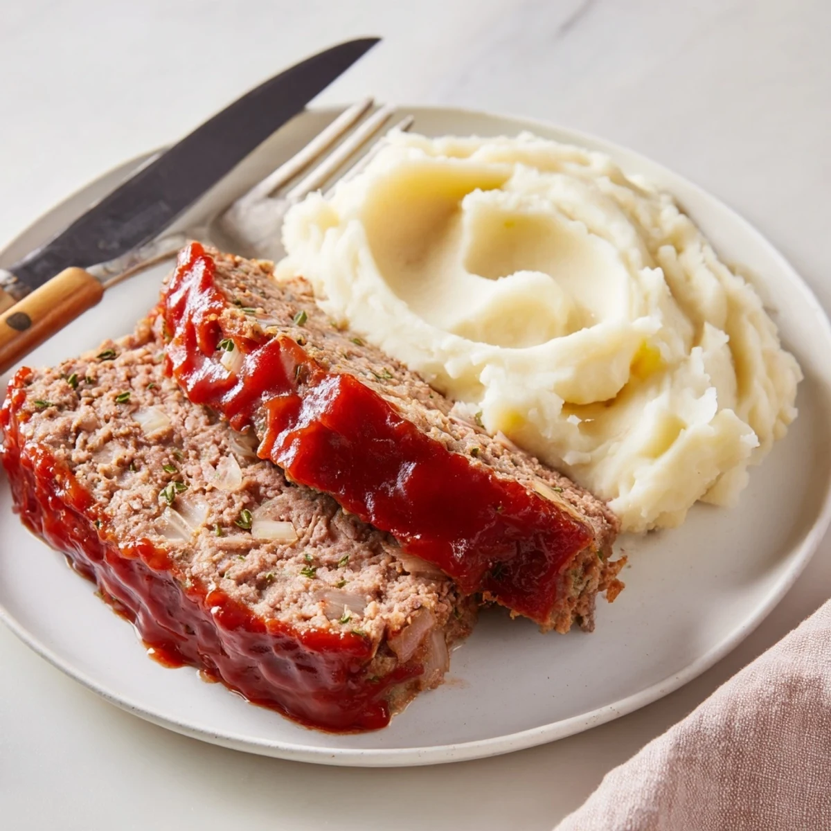 Juicy Classic Meatloaf & Mashed Potatoes topped with savory glaze, perfect for family dinners.