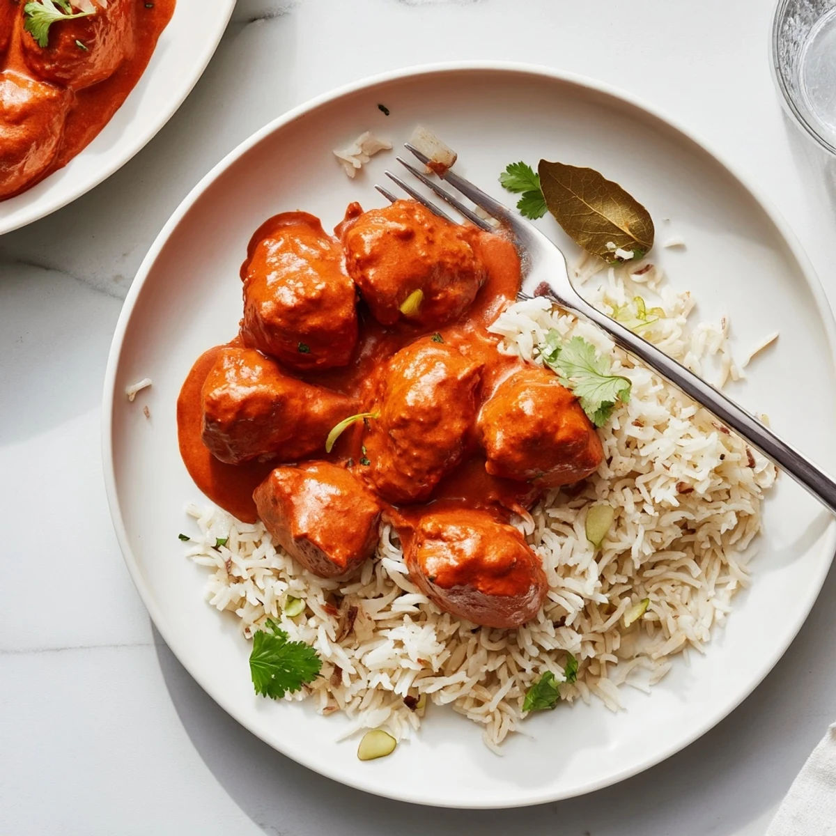 Tender butter chicken served with fragrant rice pilaf, drizzled in creamy tomato sauce.  