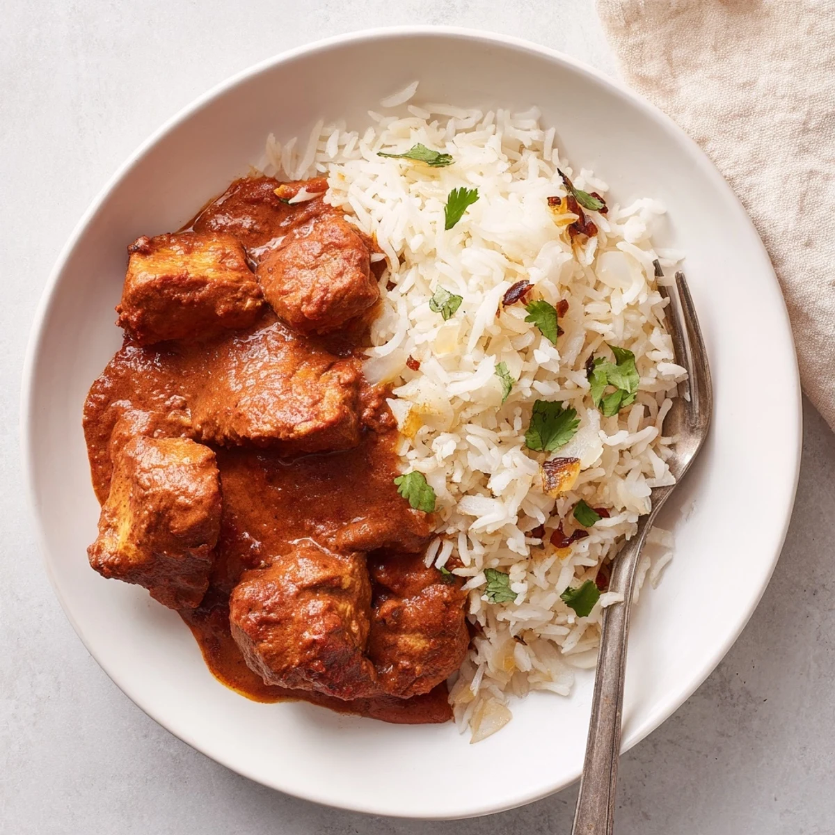 A comforting butter chicken dish showcasing spices and smooth cream over fluffy rice pilaf.  