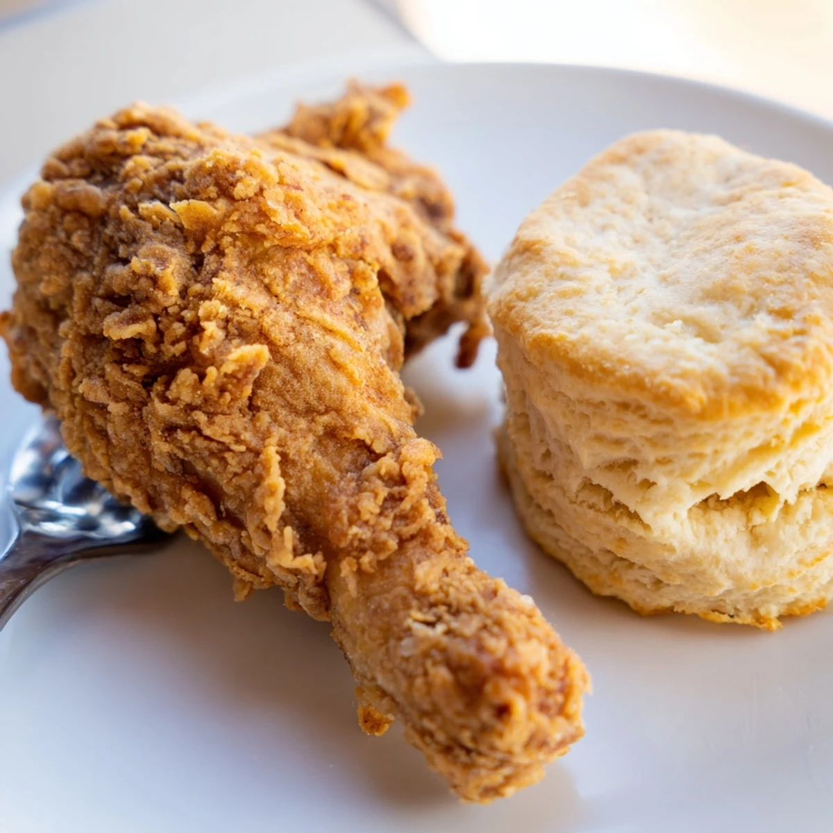 Fluffy buttermilk biscuits complementing mouthwatering crispy fried chicken on a plate.