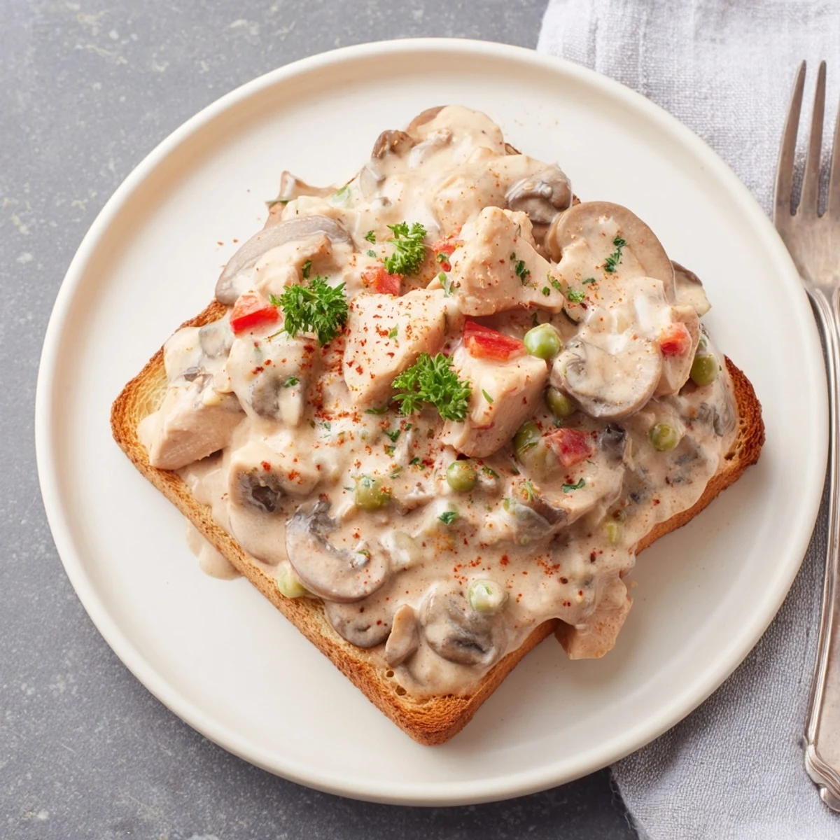 Creamy chicken à la king served over buttery toast, perfect for cozy dinners.  