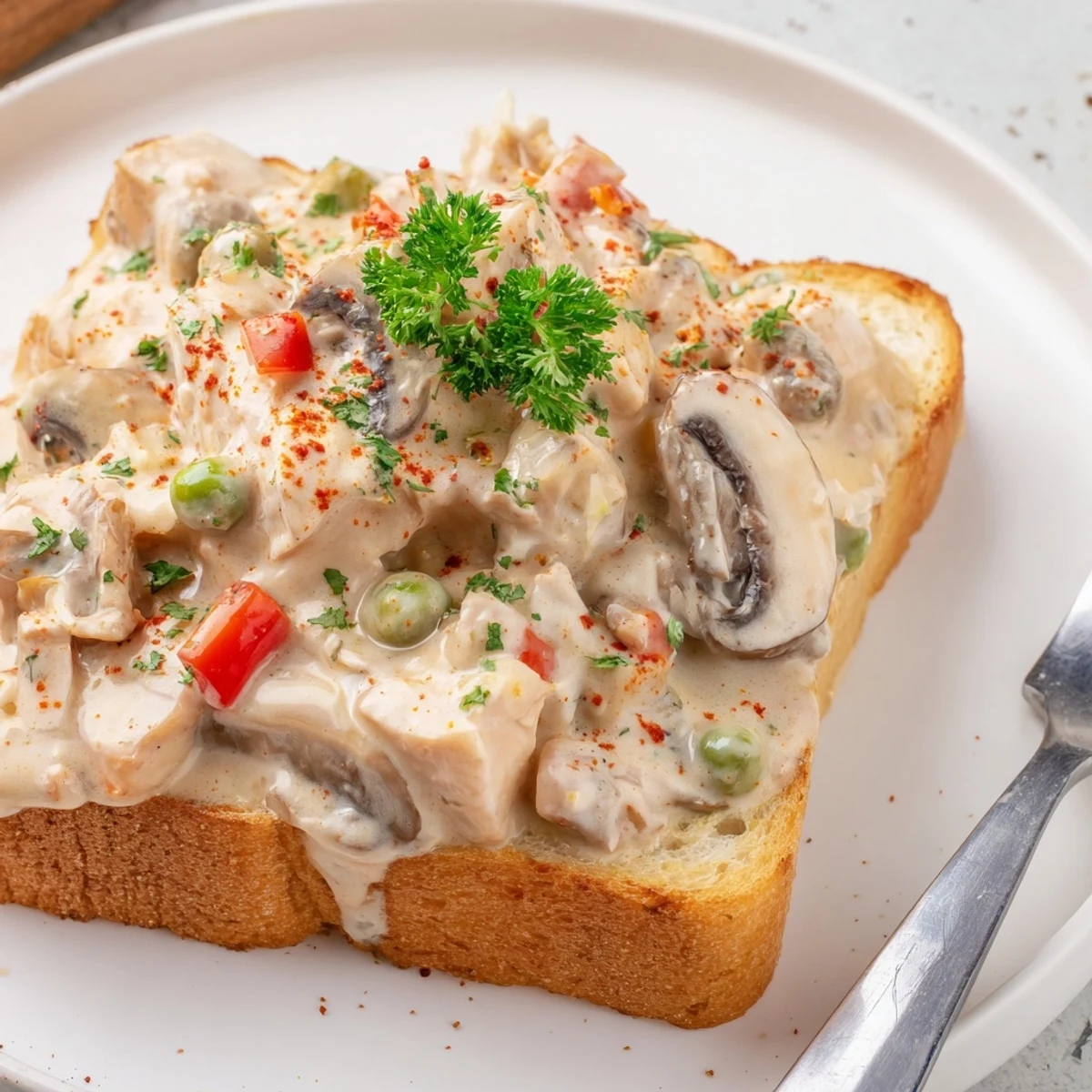 Classic chicken à la king overflowing with flavors on crispy buttered toast slice.