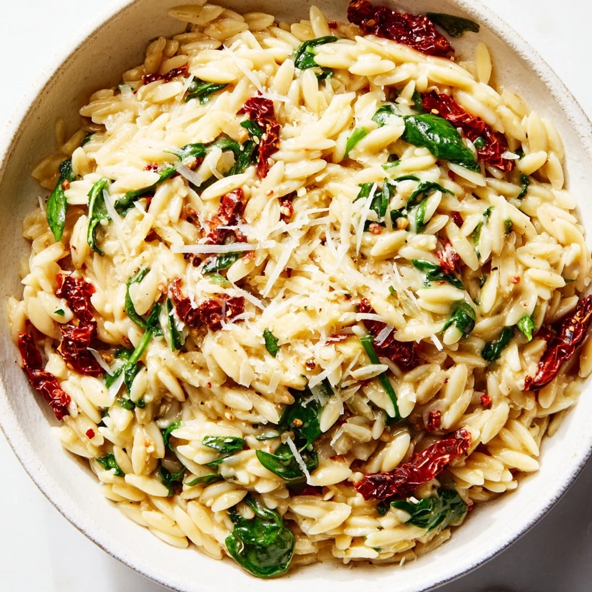 Rich Creamy Tuscan Orzo Bowl featuring vibrant spinach and Italian herbs in each bite.