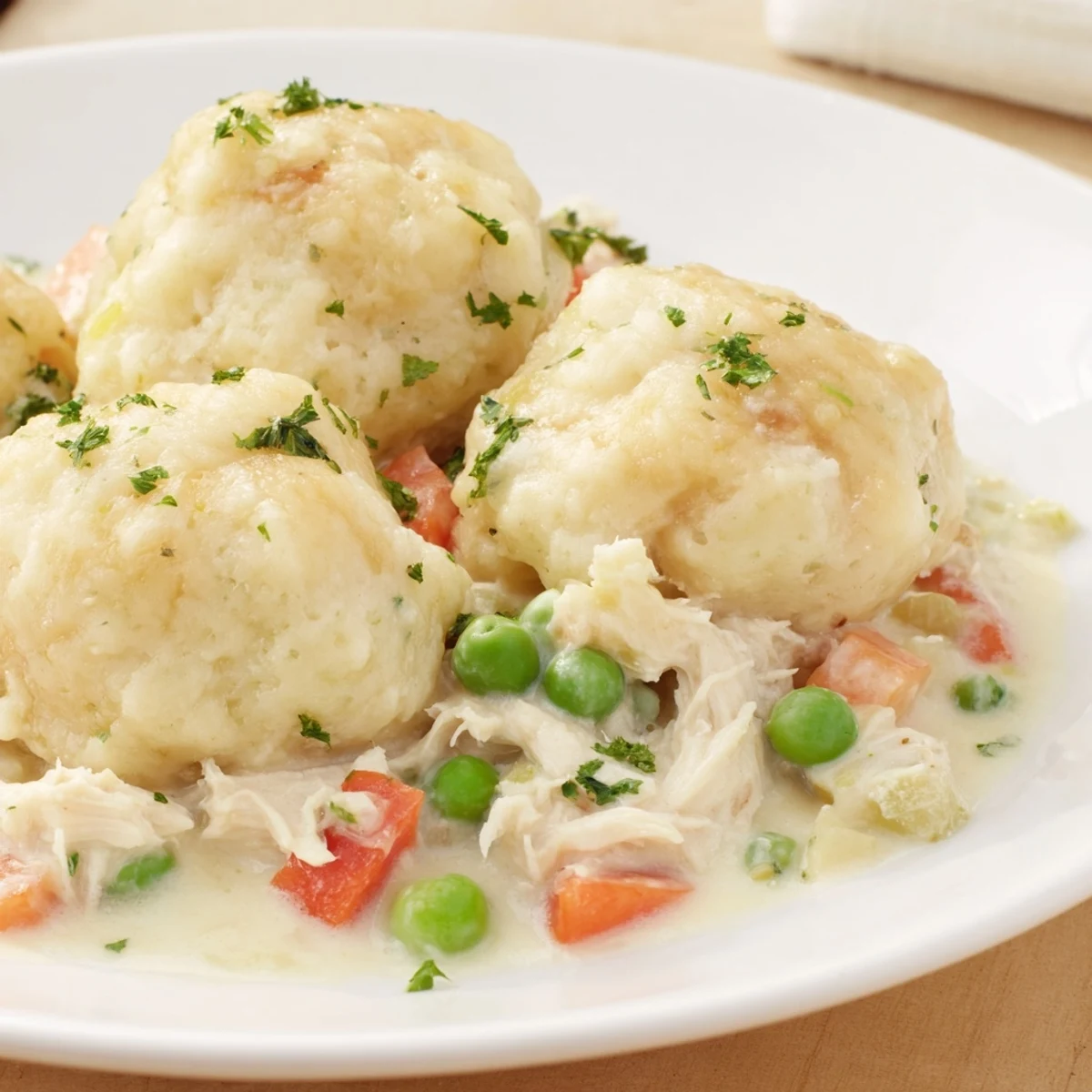 Golden, bubbly Chicken and Dumplings Casserole, a creamy main dish with fluffy dumpling topping.