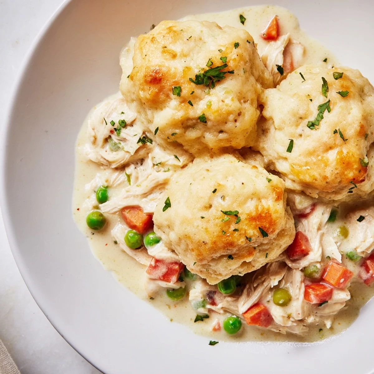 Steaming Chicken and Dumplings Casserole, showcasing soft dumplings and savory chicken with vegetables.