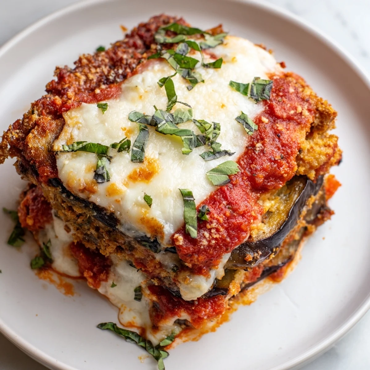 Close-up of a flavorful slice of Eggplant Parmesan Lasagna, with the tender eggplant and creamy ricotta layers.